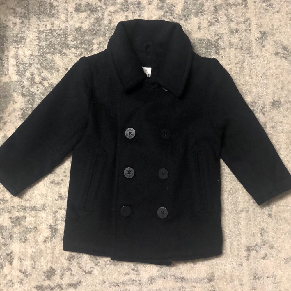 Navy blue wool blend toddle pea coat.